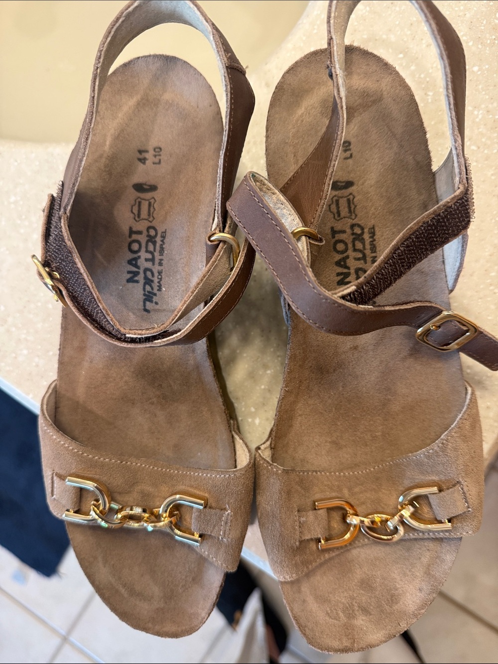 Naot Brown Suede Slingback Sandals with Gold Chain Detail